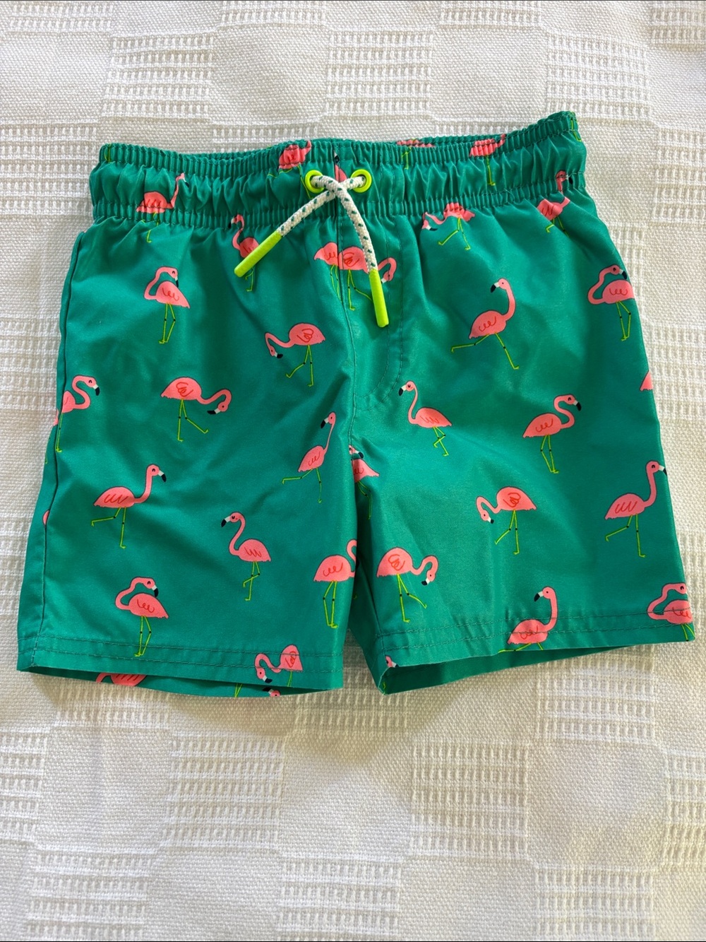 Green Flamingo Print Kids Swim Shorts